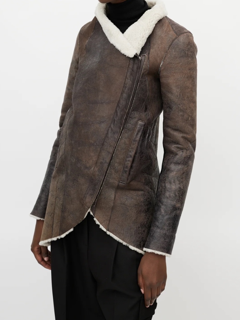Helmut Lang Brown Shearling-Trim Asymmetrical Jacket - Women - Picture 3 of 16